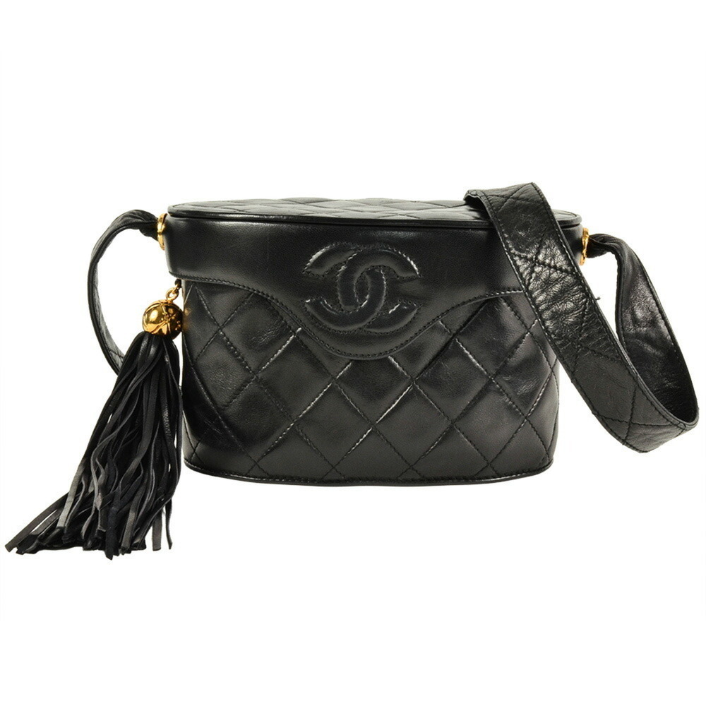 CHANEL Black Lambskin Leather Logo Shoulder Bag